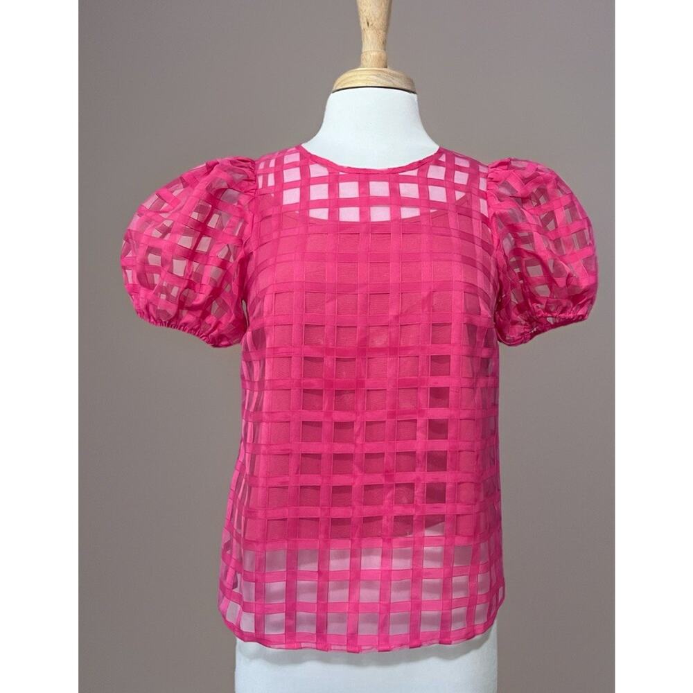 COTTON BLEU Womens S Fuchsia Pink Square Windowpane Puff Sleeve Blouse Top NWT